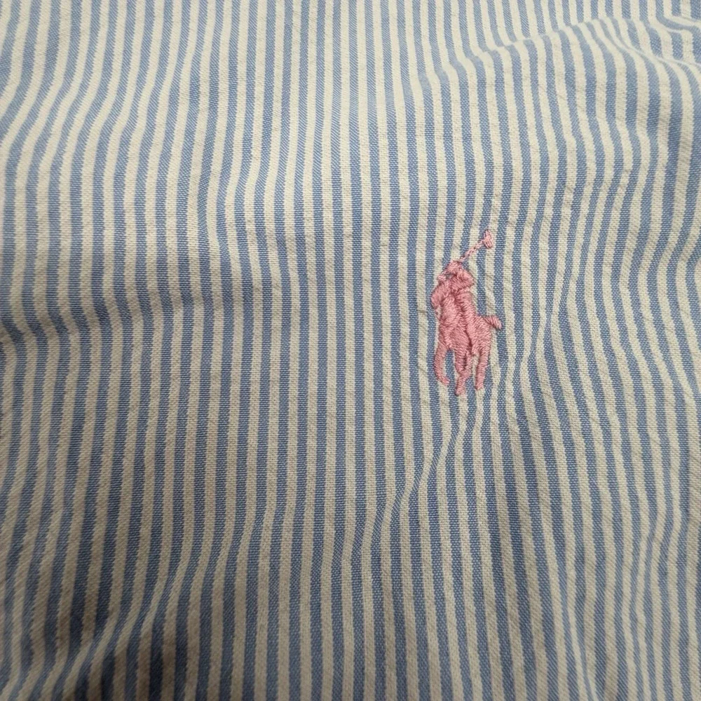 Polo Ralph Lauren Shirt Men Large Blue Seersucker Striped Button Preppy Formal